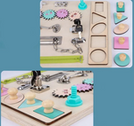 Busy Board Montessori avec verrous et puzzle formes géométriques - Vignette | Le Poussin Ludique