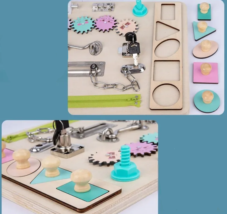 Busy board avec verrous et puzzle en bois