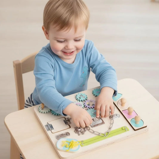 Grand busy board bois avec verrous et engrenages