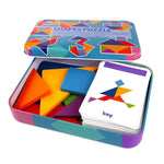 Puzzle Tangram en bois avec une boite rangement et cartes en anglais - Vignette | Le Poussin Ludique