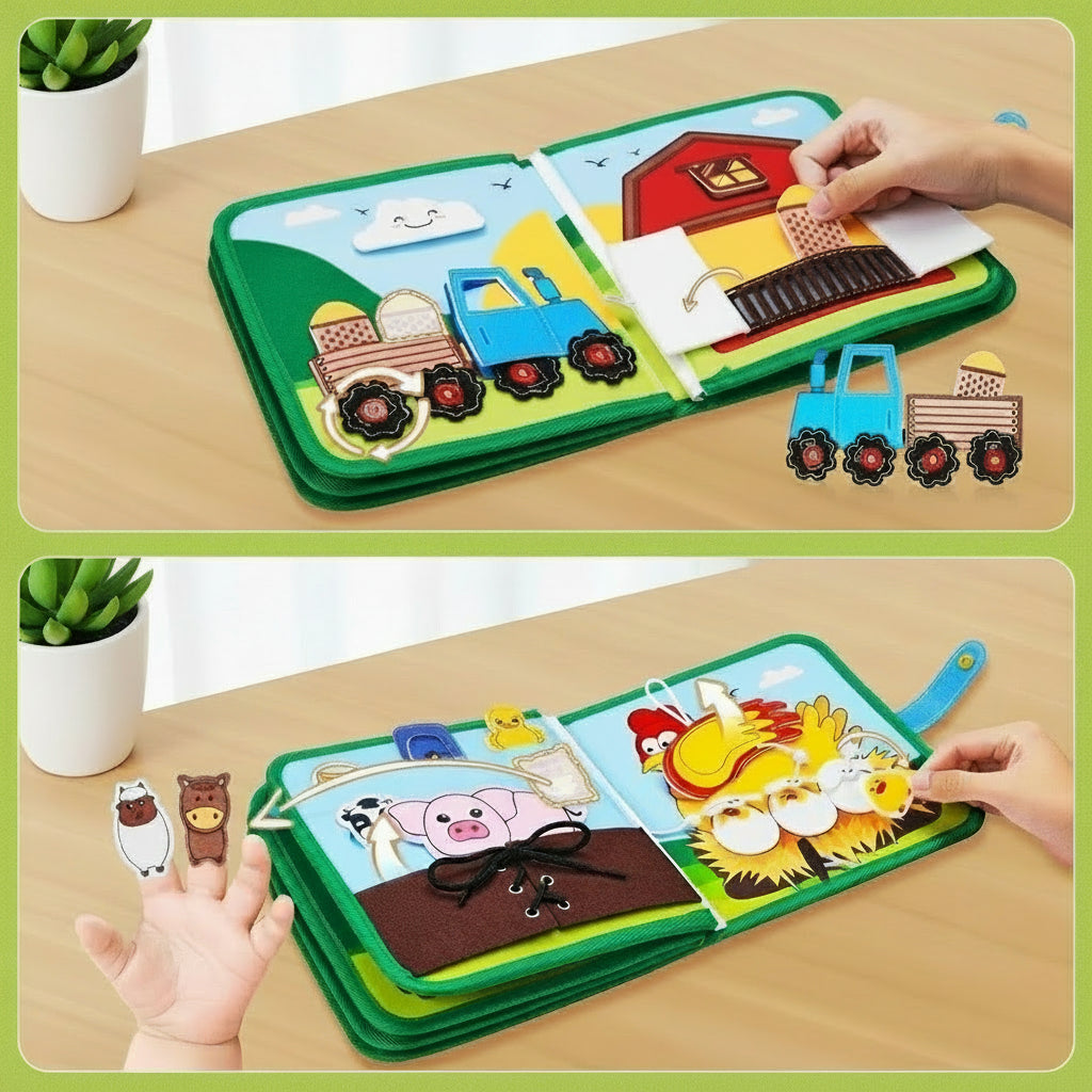 Motricité fine stimulée par livre Montessori ferme