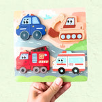 Puzzle en bois pour bébé 4 en 1 véhicules kawaii - Vignette | Le Poussin Ludique