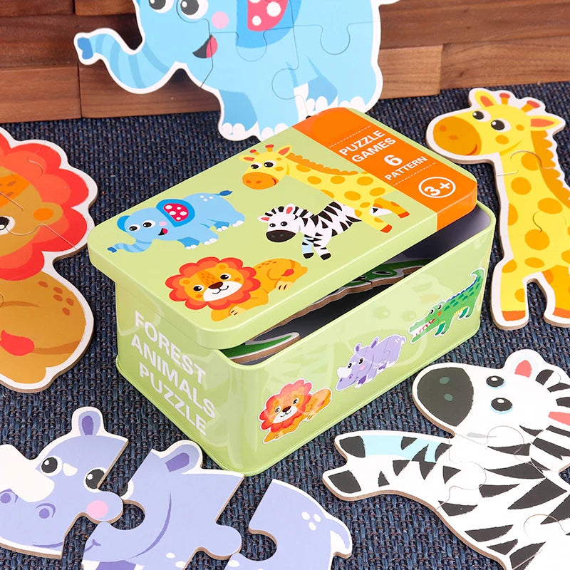 Puzzle enfant boîte 6 en 1 animaux bois